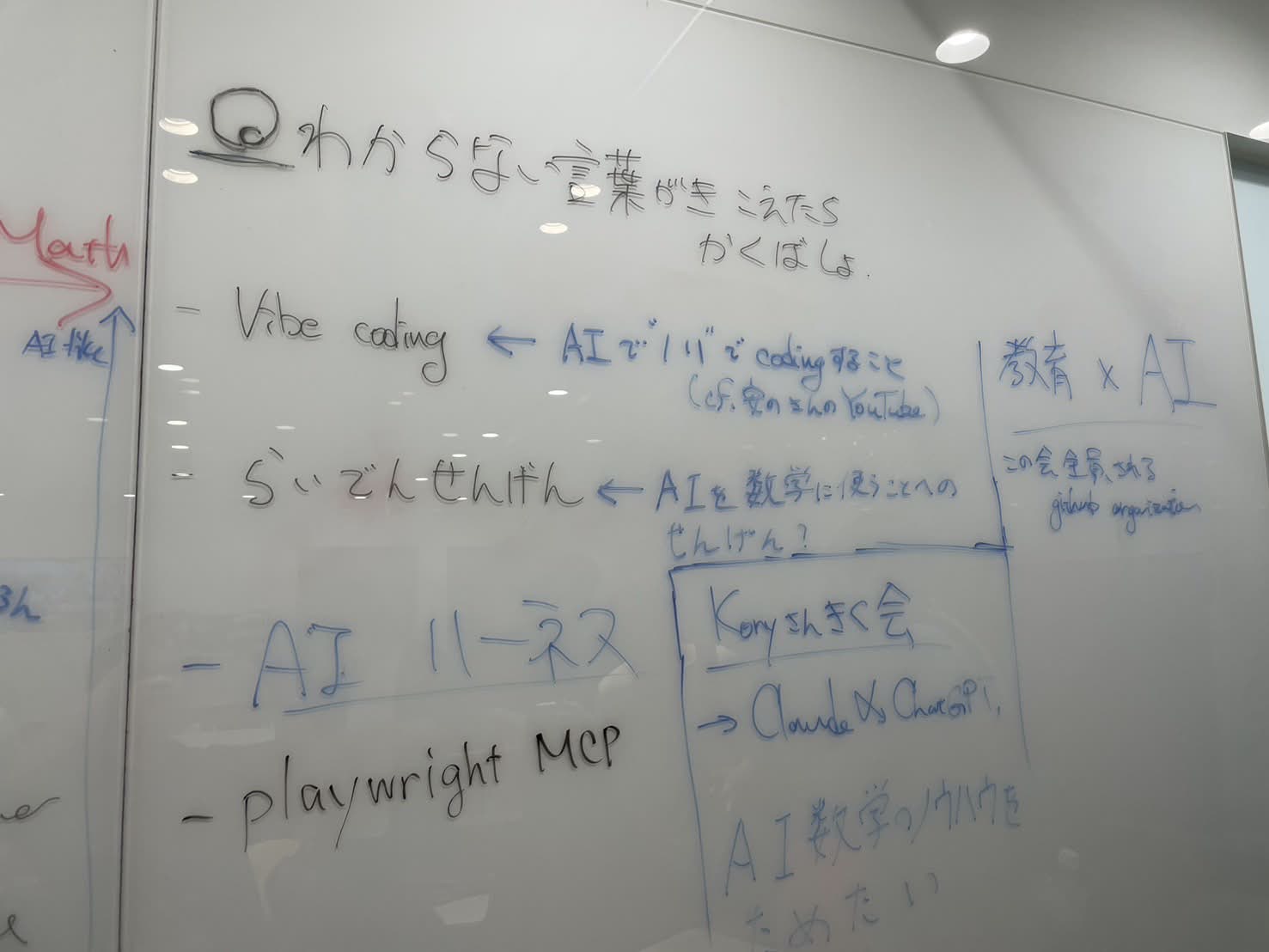 第1回のホワイトボードに書かれたAI関連の用語メモ